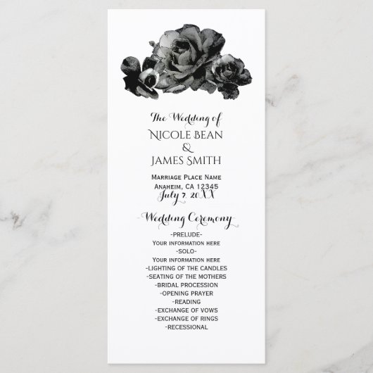 Roses Aquarelles Noires Programme De Mariage Éléga (Devant)