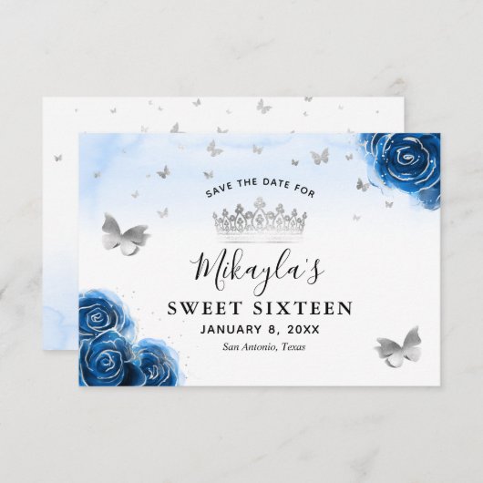 Roses argent et bleu royal Élégant Save The Date (Devant / Derrière)