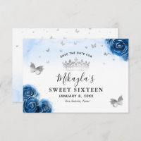 Roses argent et bleu royal Élégant Save The Date