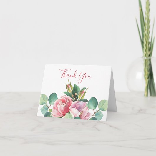 Roses avec Carte de remerciements plié à l'eucalyp (Devant)