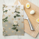 Roses blanches Coeurs or Serviettes de cuisine (Quart Plié)