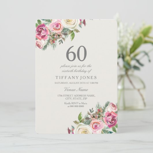 Roses blanches Elégant 60e anniversaire Invitation (Debout devant)