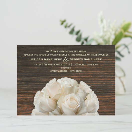 Roses blanches et Faire-part de mariage rustique e (Debout devant)