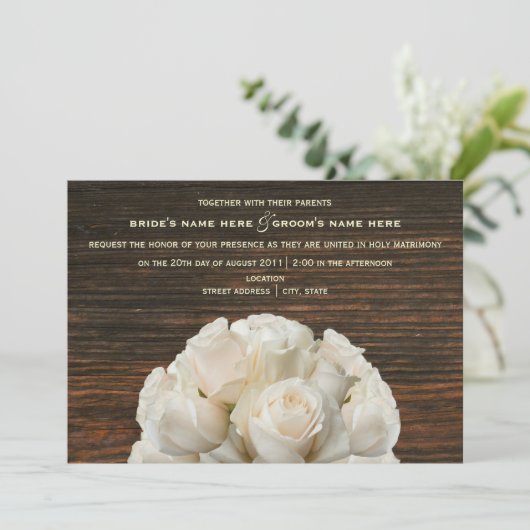 Roses blanches et Faire-part de mariage rustique e (Debout devant)