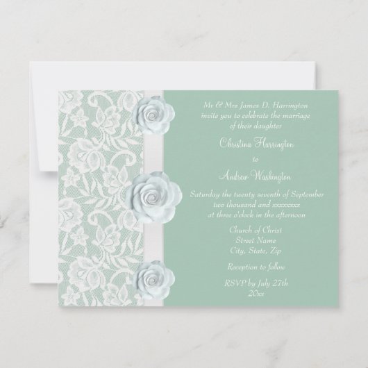 Roses blanches et Faire-part de mariage vert à la  (Dos)