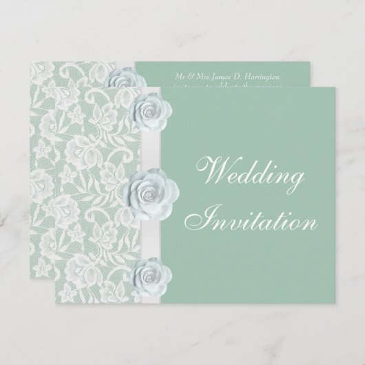 Roses blanches et Faire-part de mariage vert à la  (Devant / Derrière)