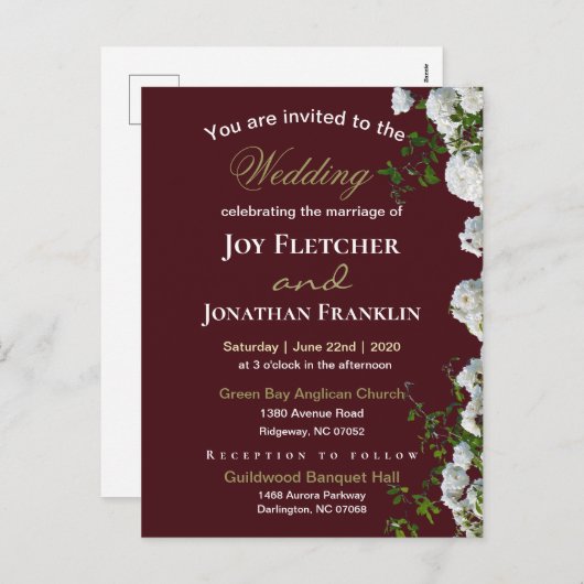 Roses blanches Faire-part de mariage Arrière - pla (Devant / Derrière)