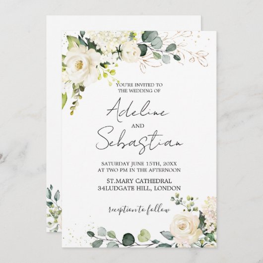 Roses blanches Faire-part de mariage de feuillage (Devant / Derrière)