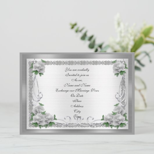 Roses blanches faire-part de mariage sur satin arg (Debout devant)