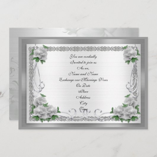 Roses blanches faire-part de mariage sur satin arg (Devant / Derrière)