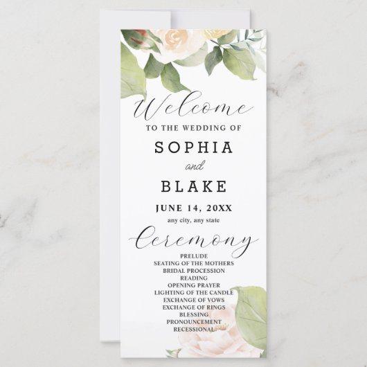 Roses blanches Feuilles verts Programme de mariage (Devant)