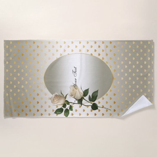 Roses blanches Gold Hearts Beach Serviette (Devant)