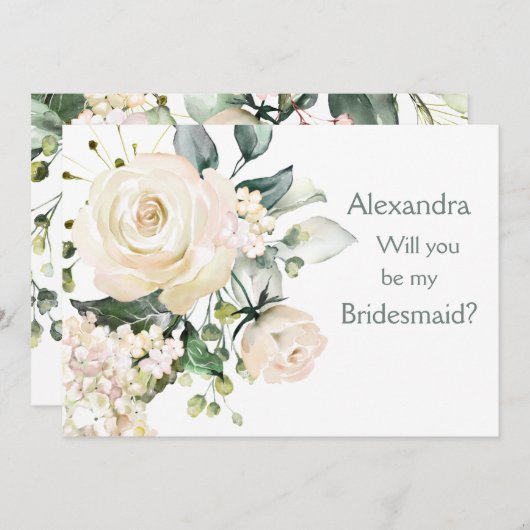 Roses blanches, hydrangea Bridesmaid Carte de prop (Devant / Derrière)