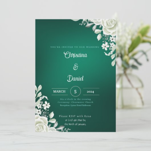 Roses blanches Invitations de mariage vert (Debout devant)