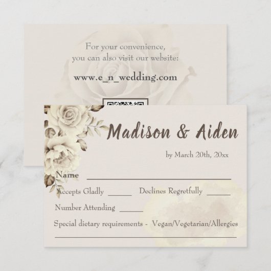 Roses blanches rustiques mariage RSVP Carte de rép (Devant / Derrière)