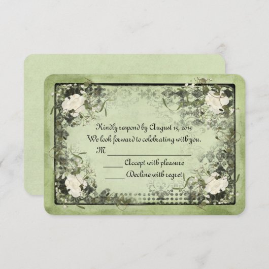 roses blanches sur vert avec cadre noir RSVP (Devant / Derrière)