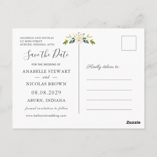 Roses blanches verdure Enregistrer la date Carte p (Dos)