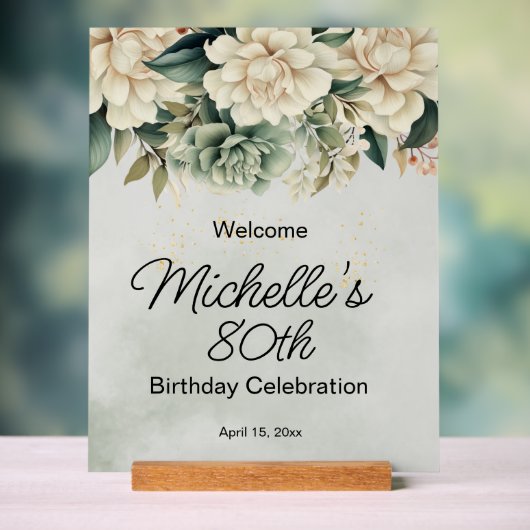 Roses Blanches Vert Sauge 80e Anniversaire (Neutre)
