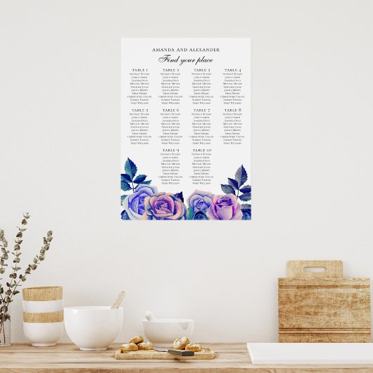 Roses bleus et violets. Tableau de sièges mariage (Cuisine)