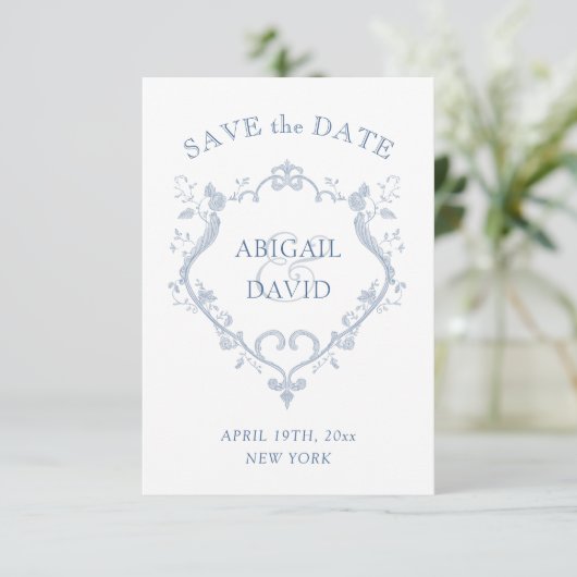 Roses Blue Crest Wedding Save The Date (Debout devant)