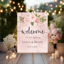 Roses blush avec Affiche de bienvenue Mariage or