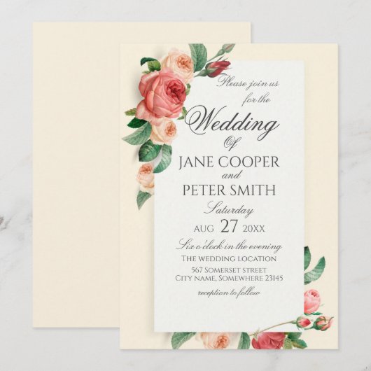Roses bouquet floral Wedding Invitation Kaart (Voorkant / Achterkant)