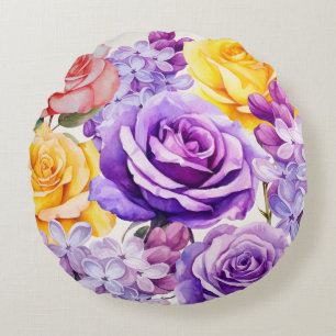 Roses d'aquarelle et Fleurs Lilac Coussin rond