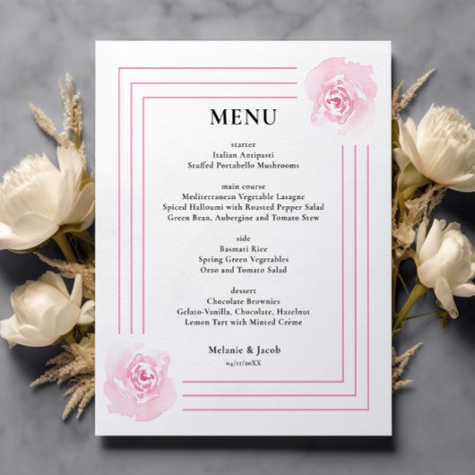 Roses d'aquarelle rose budget menu mariage