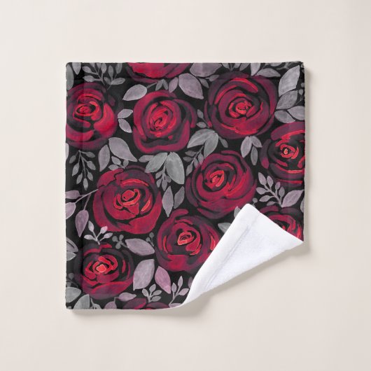 Roses d'aquarelle, roses rouges sur noir (Gant de toilette)