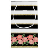 Roses de pêche sur sac cadeau noir, blanc, or (Dos)