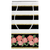 Roses de pêche sur sac cadeau noir, blanc, or (Devant)