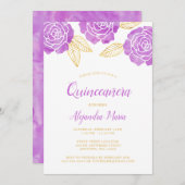 Roses d'or violet moderne Quinceanera Invitations (Devant / Derrière)