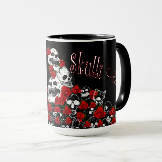 Roses et crânes noirs et tasse rouge, féminine (Devant droit)