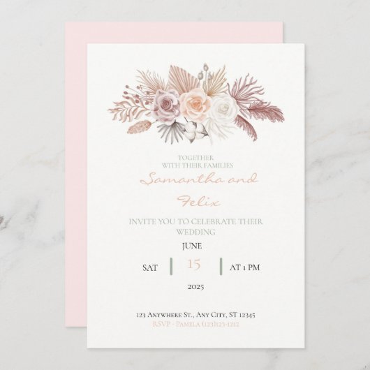 Roses et Faire-part de mariage Feuille séchés (Devant / Derrière)