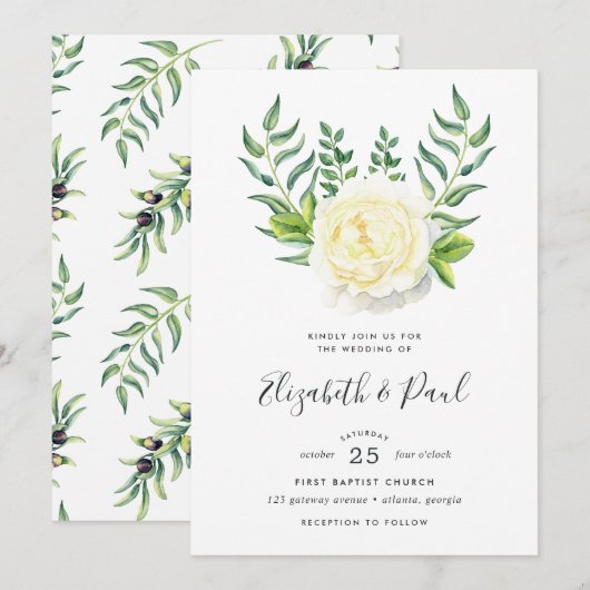 Roses et olives Faire-part de mariage (Devant / Derrière)