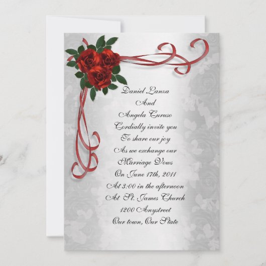 Roses et rubans rouges faire-part de mariage (Devant)