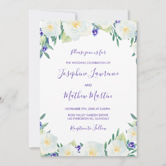 Roses et Violets blancs Invitations de mariage flo (Devant)