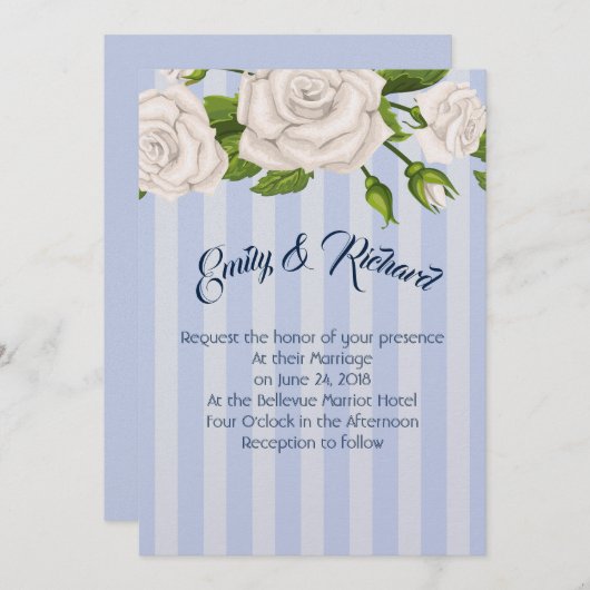 Roses faire-part de mariage-blanches sur Bleu Stri (Devant / Derrière)