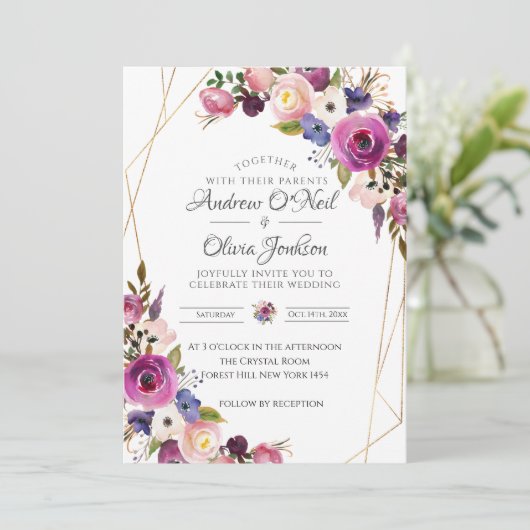 Roses faire-part de mariage violet et bleu (Debout devant)