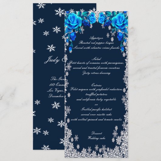 Roses Flocon de Neige Bleu Clair Menu de Mariage d (Devant / Derrière)