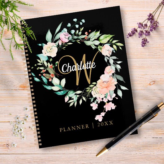 Roses Floral Script Monogramme Noir Or 2023