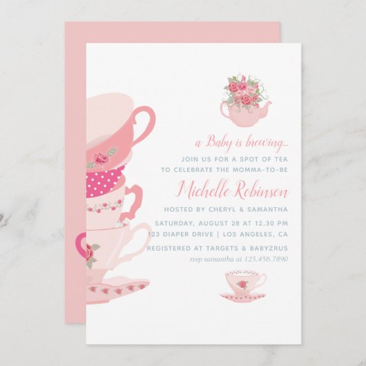 Roses Floral Tea Party Baby shower Uitnodiging (Voorkant / Achterkant)