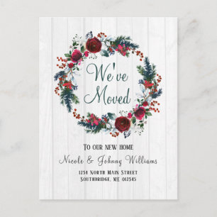Roses Floral Wreath Moving Rustic Kerstroodrozen Aankondigingskaart