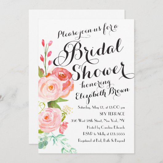 Roses floraux chic | Invitation de douche nuptiale (Devant / Derrière)