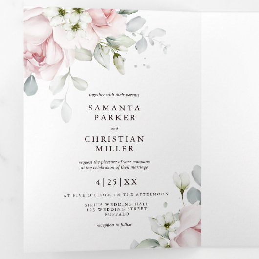 Roses floraux | Invitation mariage triplée (Intérieur en premier)