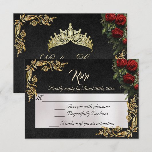 Roses & Gold Leaves - Black RSVP (Devant / Derrière)