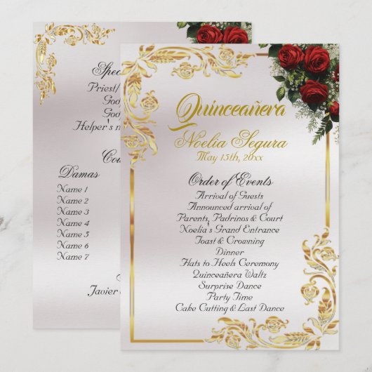Roses & Gold Leaves - Pearl Quinceanera Program Programma (Voorkant / Achterkant)