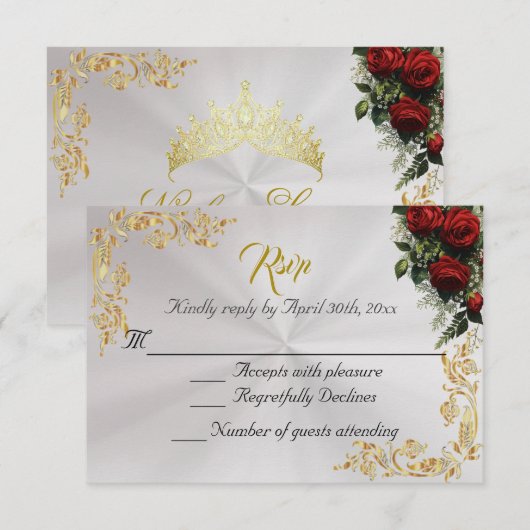Roses & Gold Leaves - Pearl White RSVP (Devant / Derrière)