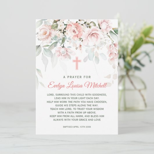 Roses Greenery Foliage Baptism Prayer Invita Kaart (Staand voorkant)