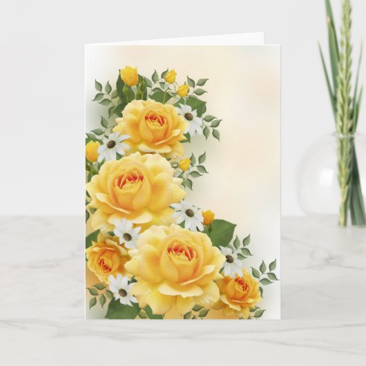 Roses jaunes avec carte de marguerites blanches (Devant)
